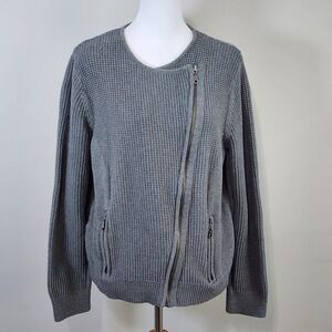 LOFT‎ Moto Sweater Jacket Womens XL Gray Cotton Knit Zip Pockets Casual Cardigan